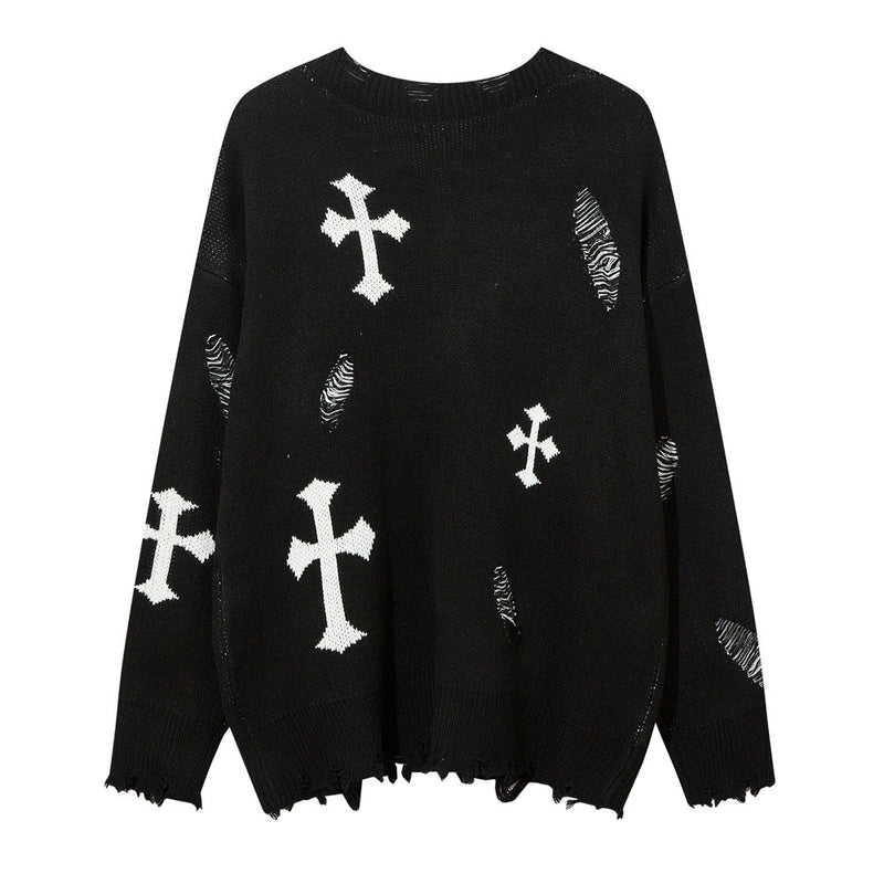 Men Sweater Cross Crocheted Ripped Sweater Loose