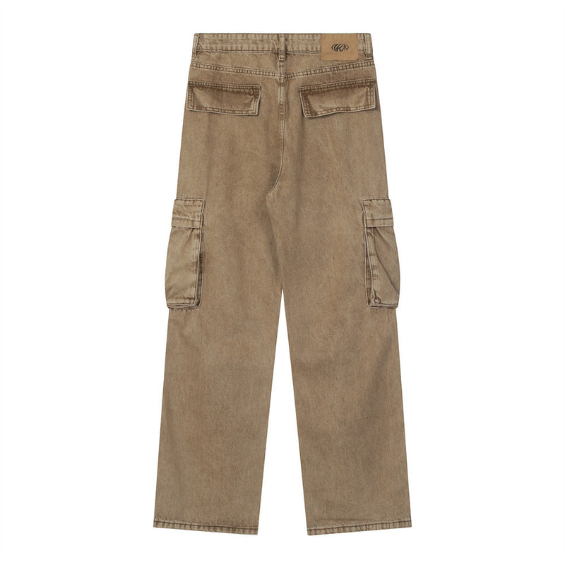 Men Jeans Multi-Pocket Workwear Loose Distressed Stitching