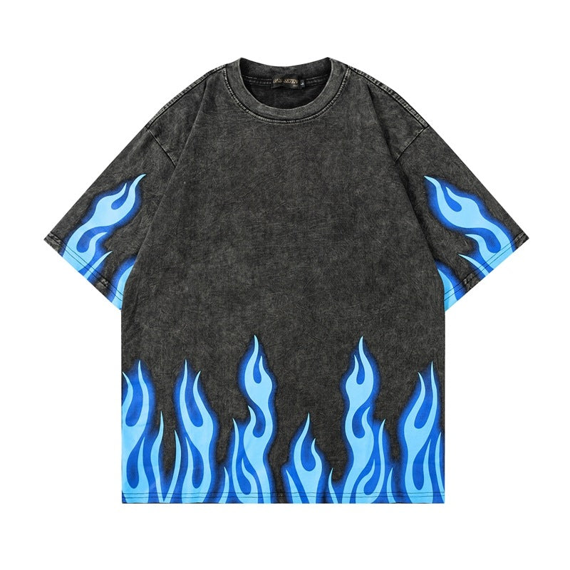 Men T-Shirt Vintage Flame Print Distressed