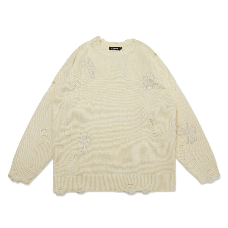 Men Sweater Cross Embroidered Knitwear Crew Neck