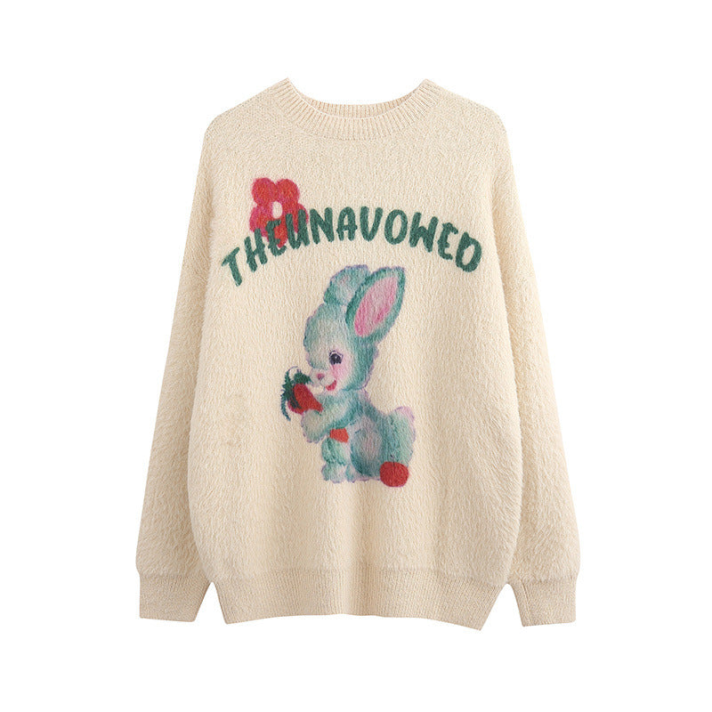 Women Sweater Cute Rabbit Pattern Retro Loose Sweater