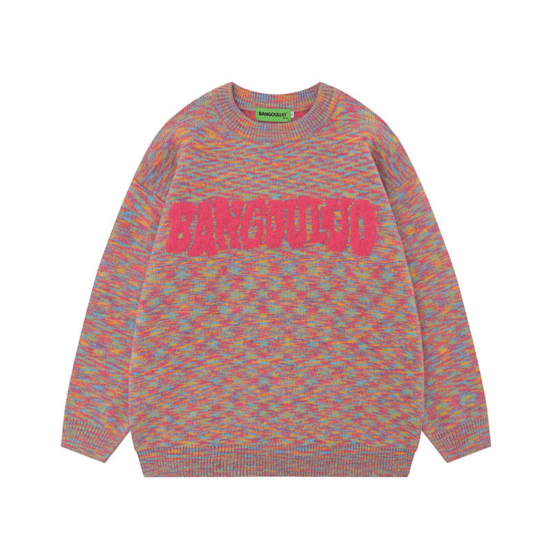 Women Sweater Retro College Style Contrast Color Jacquard Knitted Top Versatile