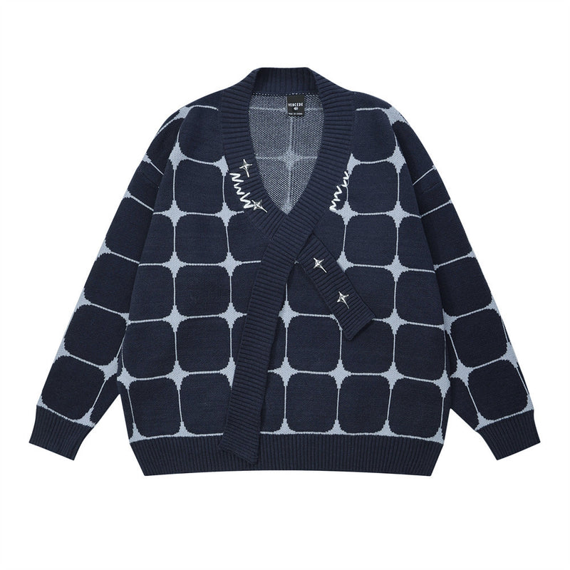 Men Sweater Diamond Plaid V-neck Knitwear