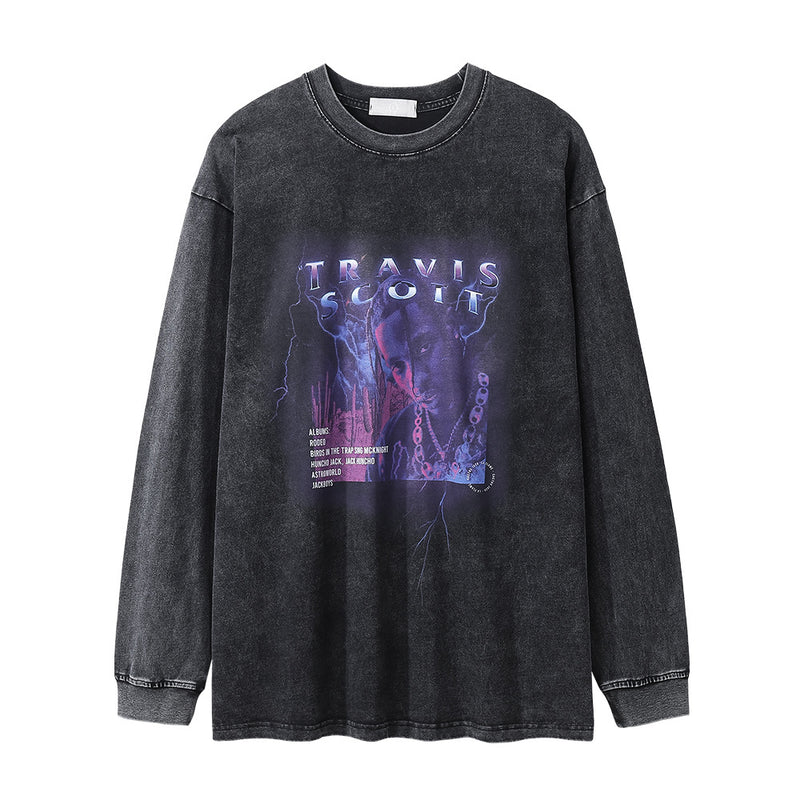 Men Long Sleeve T-Shirt Rapper Character Hip Hop Rock Distressed