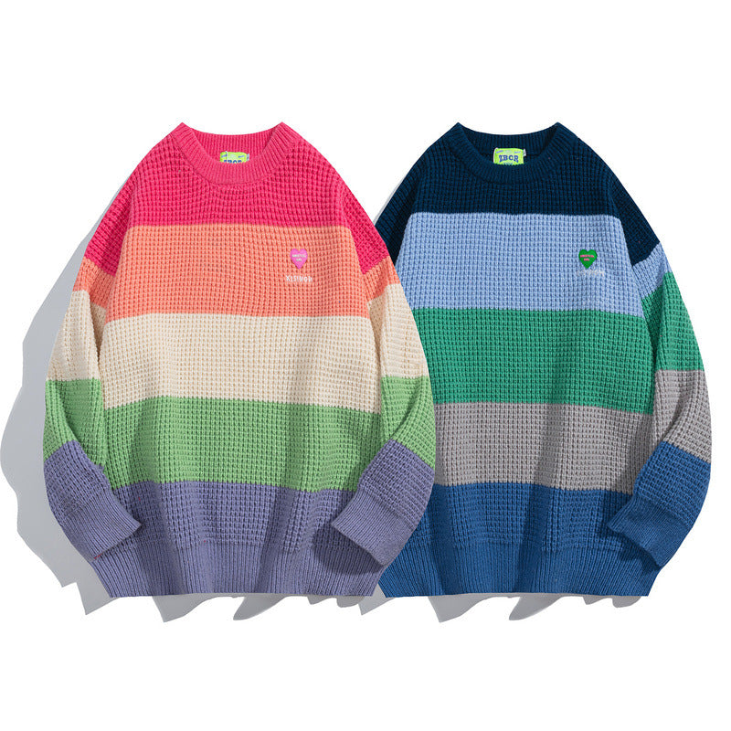 Women Sweater Retro College Style Striped Color Block Knitted Sweater