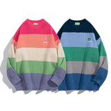 Women Sweater Retro College Style Striped Color Block Knitted Sweater