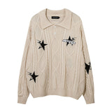 Women Sweater Twist Embroidery Polo Loose Vintage