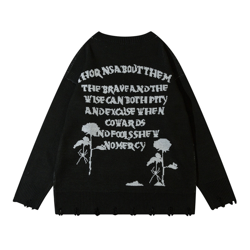 Men Sweater Portrait Jacquard Knitted Sweater Crocheted Ripped