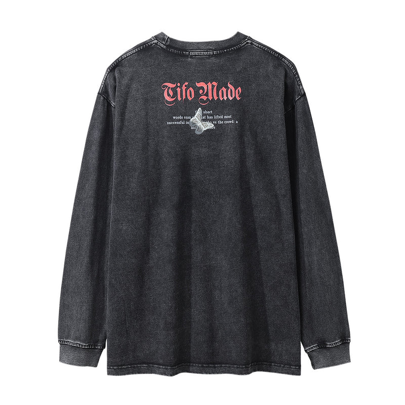 Men Long Sleeve T-Shirt Sunset Butterfly Landscape Pattern Distressed