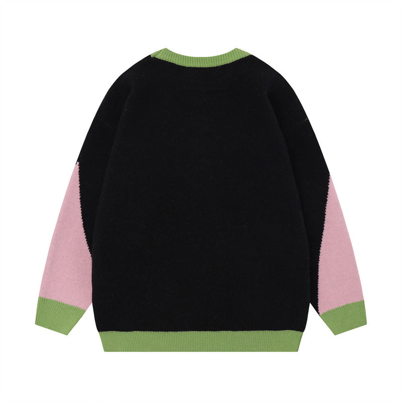 Men Sweater Contrast Color Jacquard round Neck Sweater Loose