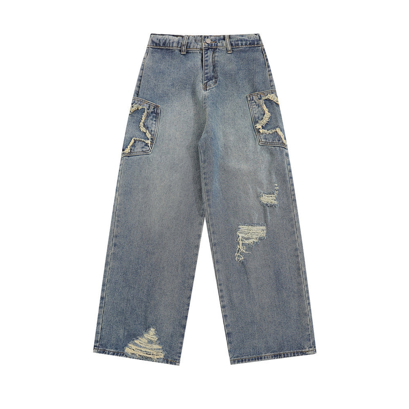 Men Jeans Ripped Five-Pointed Star Patch Loose