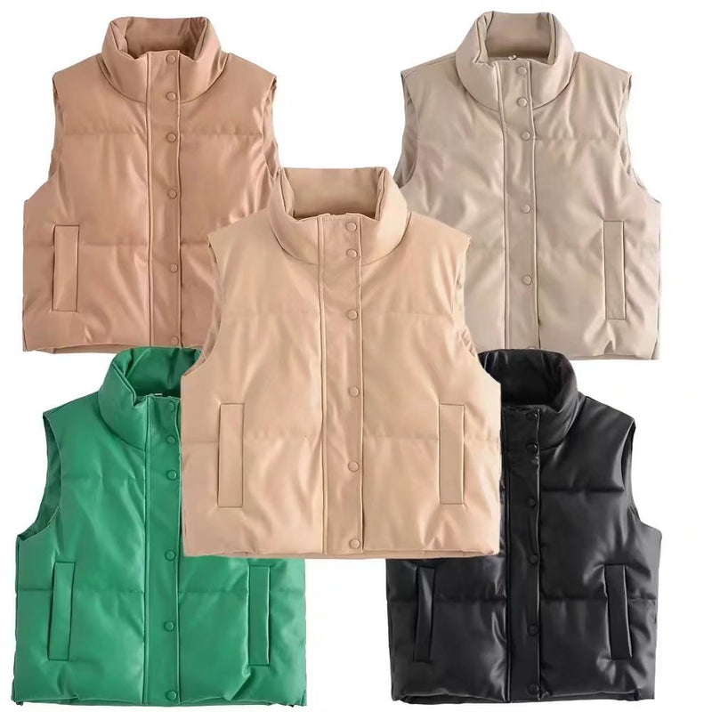 Women Vest Urban Leisure Faux Leather Cotton-Padded Vest