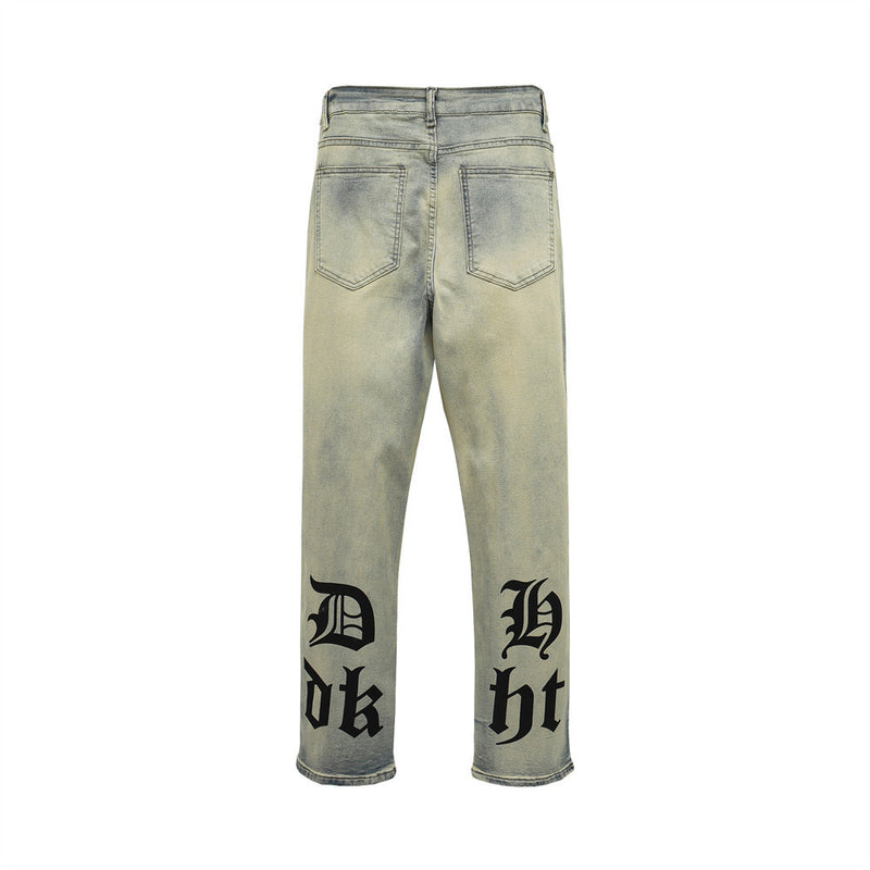 Men Jeans Gothic Letter Printing Mud Yellow Loose