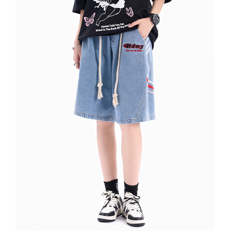 Men Shorts Striped Stitching Denim Shorts Summer Loose Casual