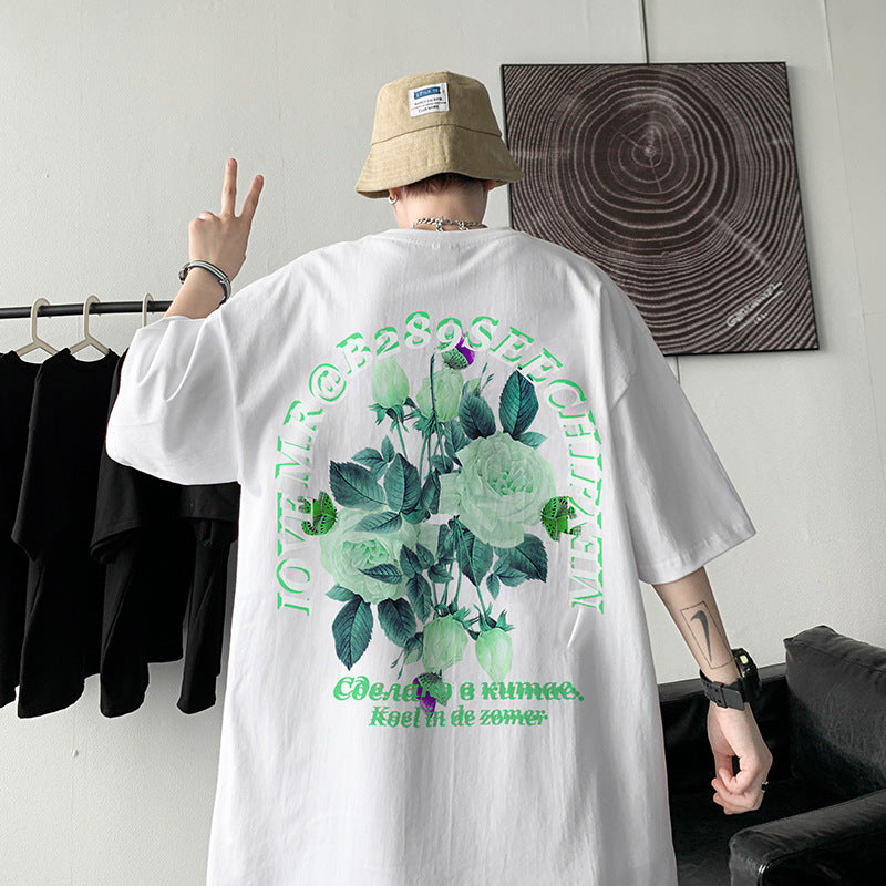 Men T Shirt Rose Pattern Retro Hiphop