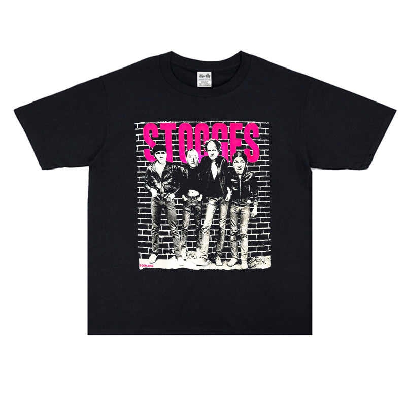 Rock Star T Shirt Punk Rock the Stooges Puppet Band Washed Distressed T-shirt Cotton Short Sleeve