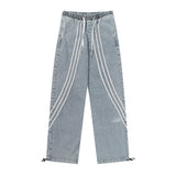 Men Jeans Patchwork Stripes Retro Loose Casual