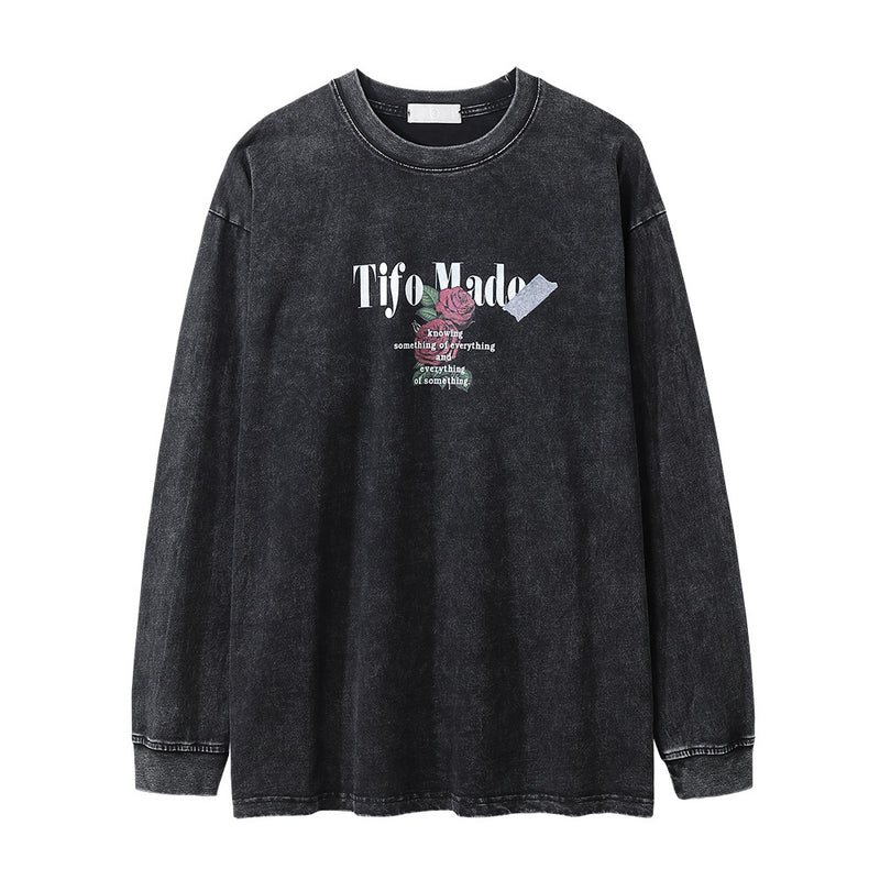 Men Long Sleeve T-Shirt Roses Distressed Loose Casual