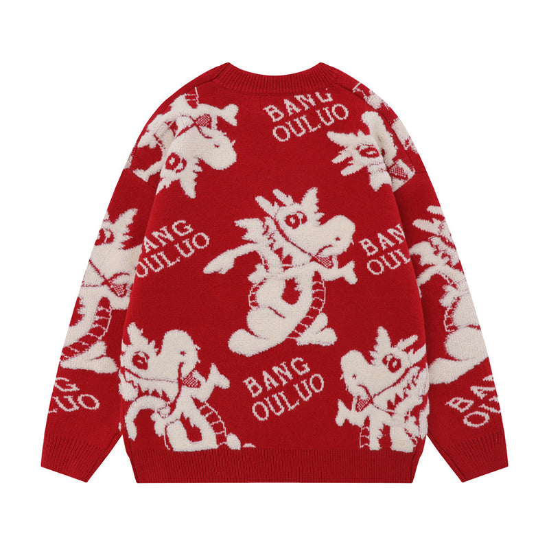Men Sweater Cartoon Dinosaur Flocking Brocade Sweater