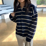 Women Knitted Cardigan Retro Casual Loose Striped Sweater