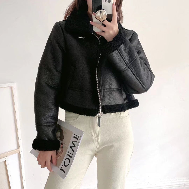 Women Cotton Coat Thickened Warm PU Leather Jacket