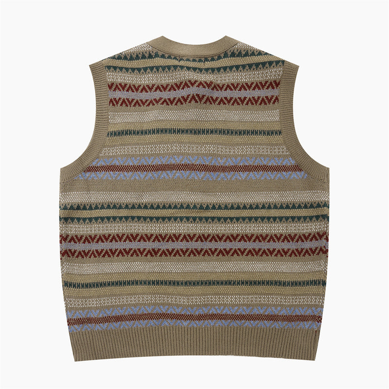 Men Sweater Striped Jacquard V-neck Sweater Woolen Vest