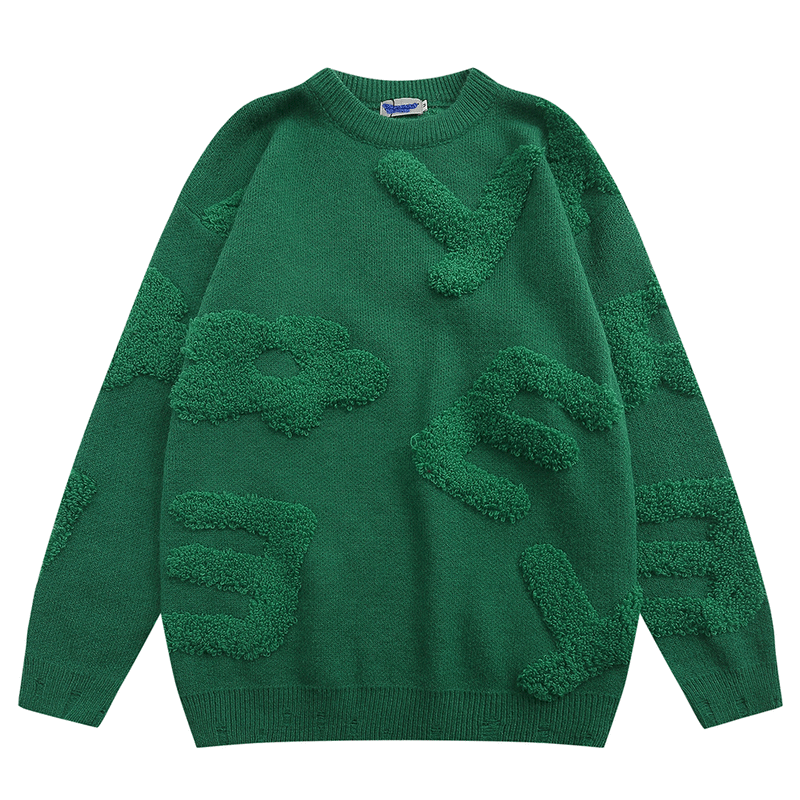 Men Sweater Solid Color Flocking Three-Dimensional Jacquard round Neck Sweater