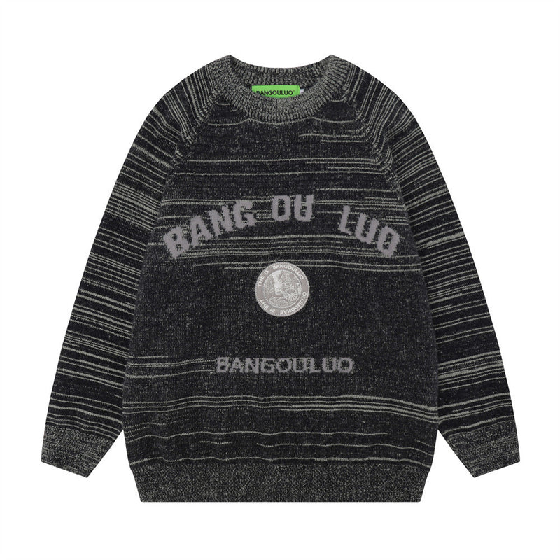 Men Sweater Striped Crocheted Long Sleeve round Neck Sweater