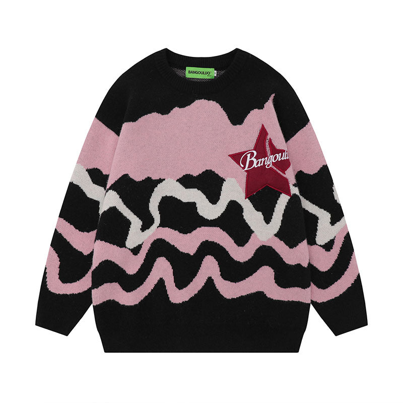 Women Sweater Contrast Color Couple Knitted Top Vibe Idle Style Loose