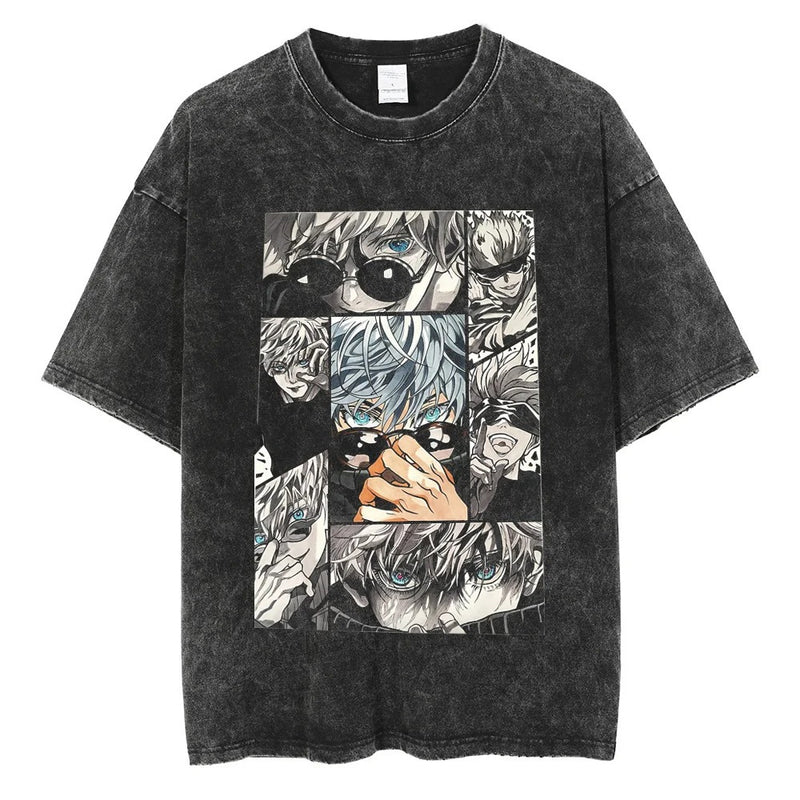 Japanese Anime Print T-shirt Men Oversized Vintage Washed Black
