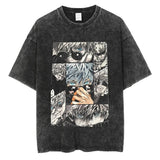 Japanese Anime Print T-shirt Men Oversized Vintage Washed Black