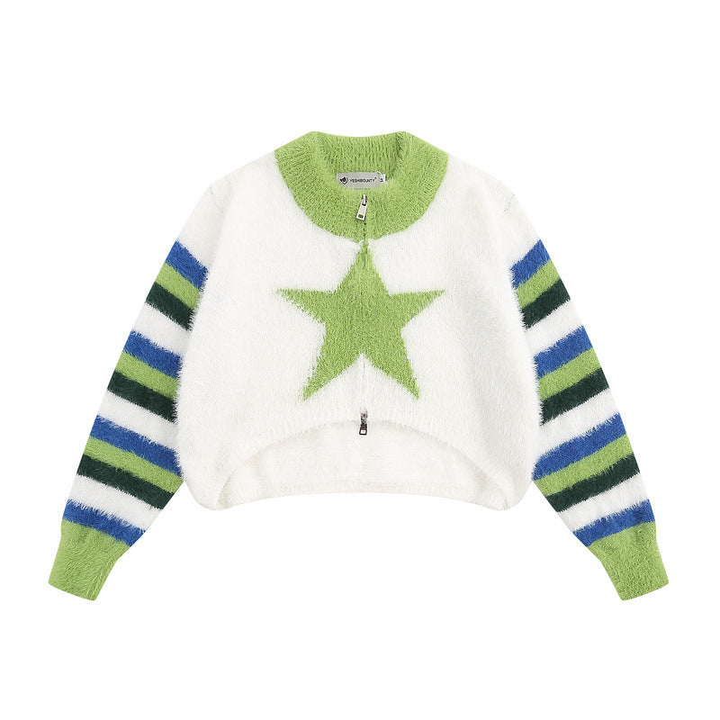 Women Sweater Contrast Color Five-Pointed Star Short Knitted Wool Loose