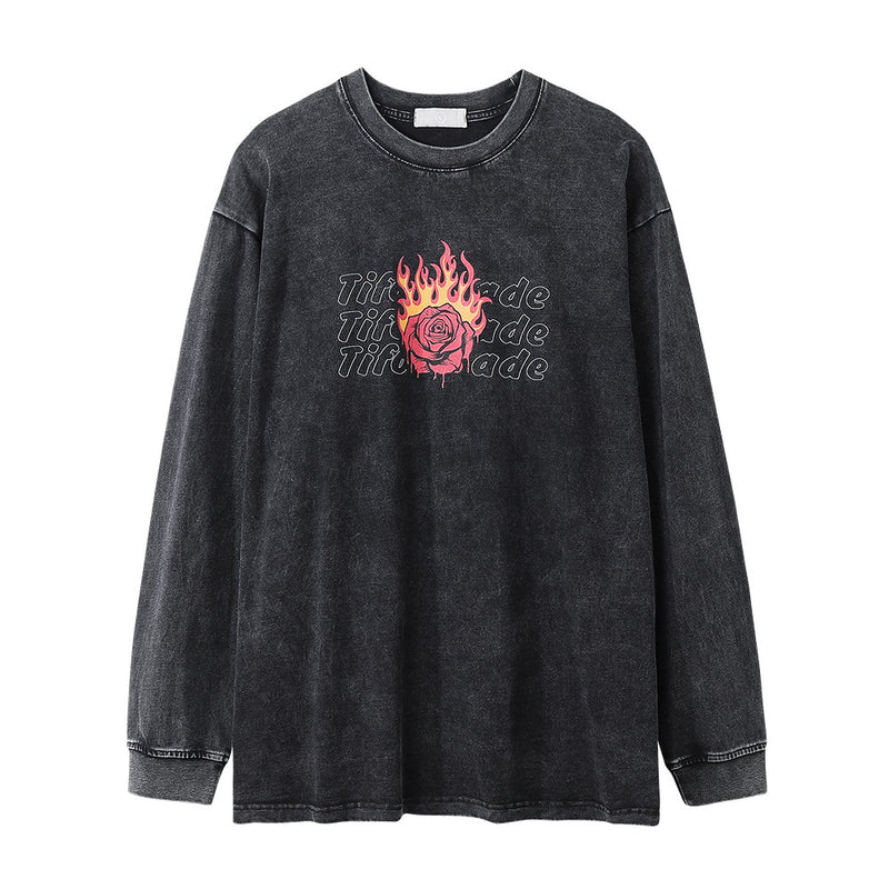 Men Long Sleeve T-Shirt Rose Flame Loose Casual Distressed