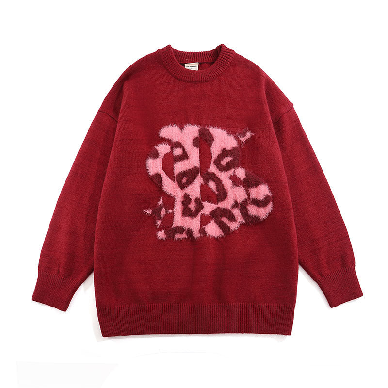 Women Sweater Leopard Letter Flocking Idle Style