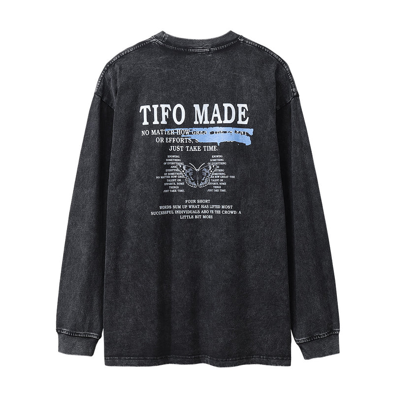 Men Long Sleeve T-Shirt Vintage Rock Butterfly Print Hip Hop Distressed