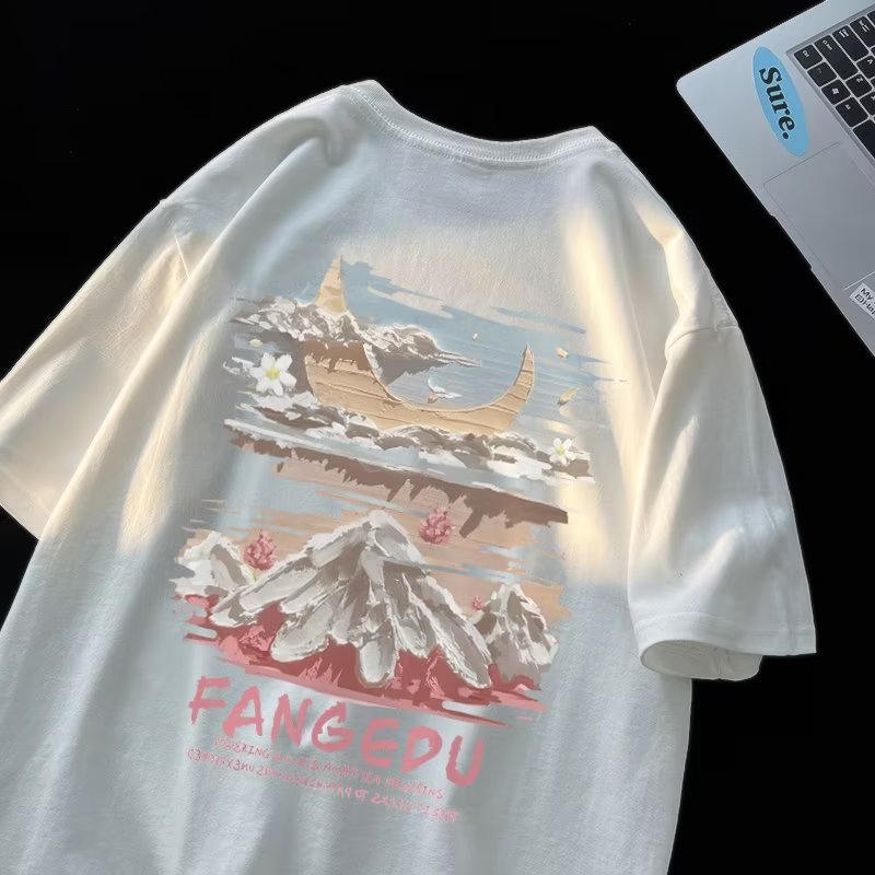 Men T Shirt Retro Loose Student Cotton