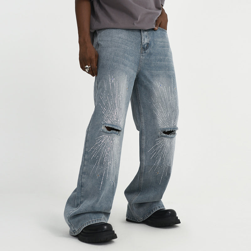 Men Jeans Diamond-Embedded Ripped Special Loose