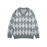 Women Sweater Vintage Diamond Plaid Knitted Sweater