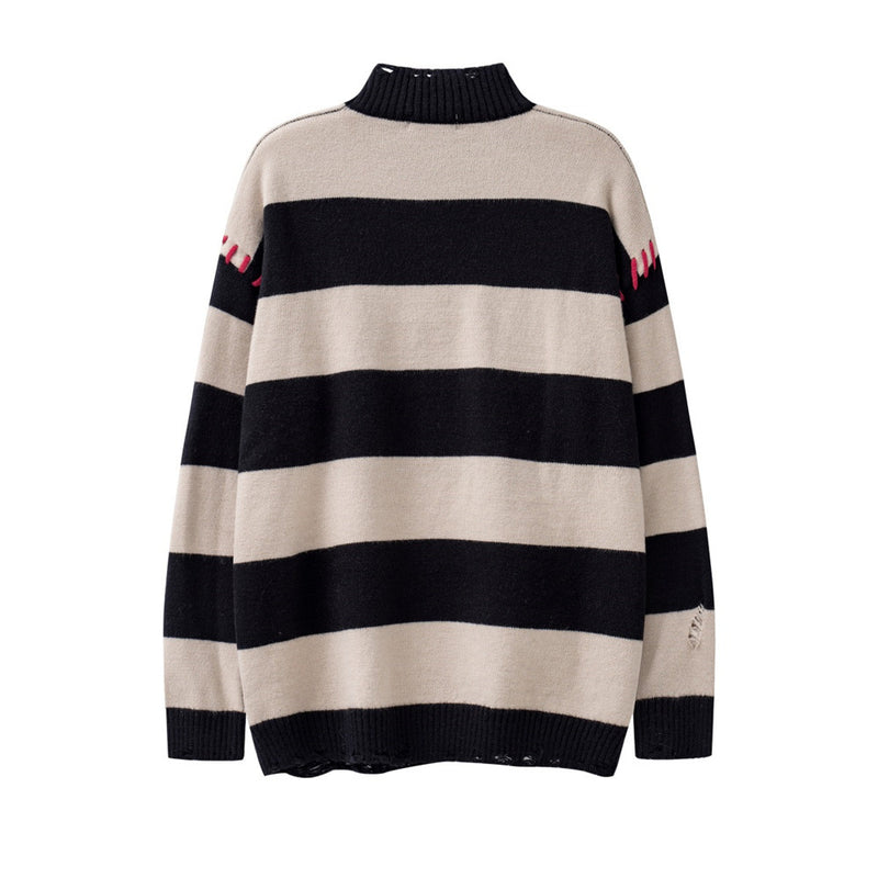 Men Sweater Striped Love Jacquard Half Turtleneck Hole Knitted Sweater