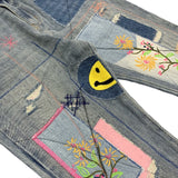 Kapital Jeans Pingtian Hehong Stitching Smiley Patch Ripped Embroidered Fashion Brand Denim Trousers