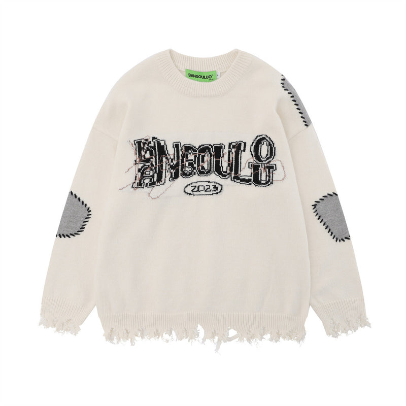 Men Sweater Contrast Color Patch Letter Crew Neck Sweater