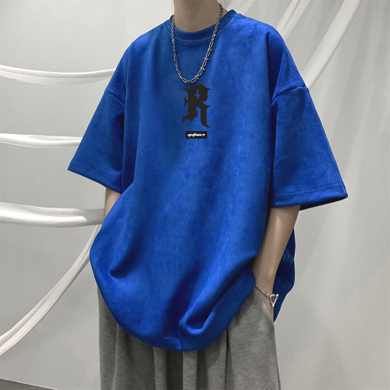 Men T Shirt Deerskin Velvet Summer Retro Loose All-Match Casual