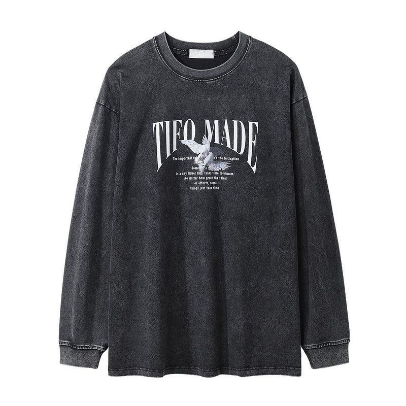 Men Long Sleeve T-Shirt Peace Dove Rose Print Distressed Loose