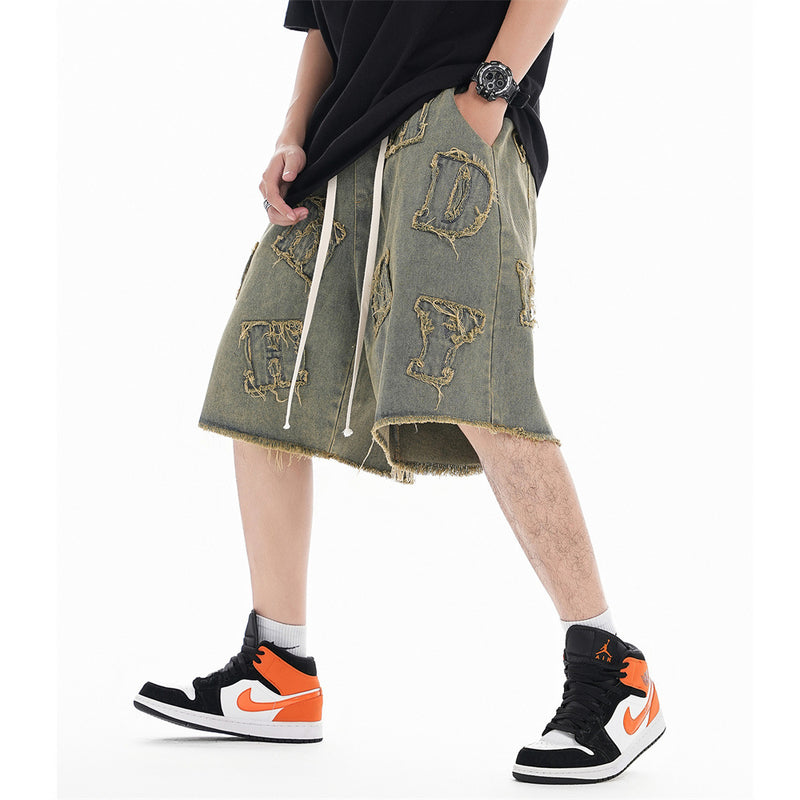 Men Shorts Frayed Affixed Cloth Embroidered Denim Shorts Distressed