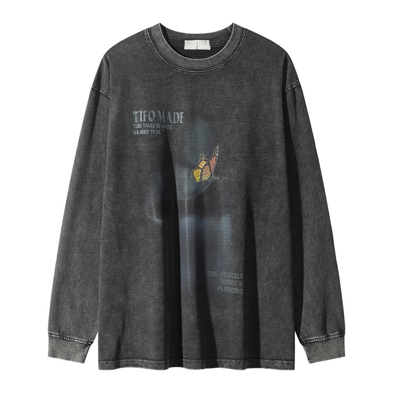 Men Long Sleeve T-Shirt Butterfly Distressed Long Sleeve T-shirt Loose