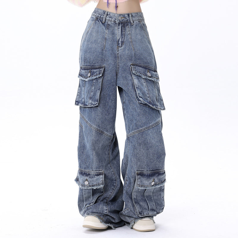 Men Jeans Vintage Multi-Pocket Workwear Jeans with Raw Edges