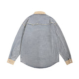 Men Long Sleeved T Shirt Stitching Denim Long Sleeve Shirt Men's Washed Denim Lapel Shirt Coat