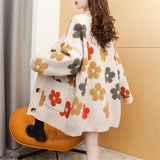 Women Knitted Cardigan Flower Pattern Casual Loose Jacket