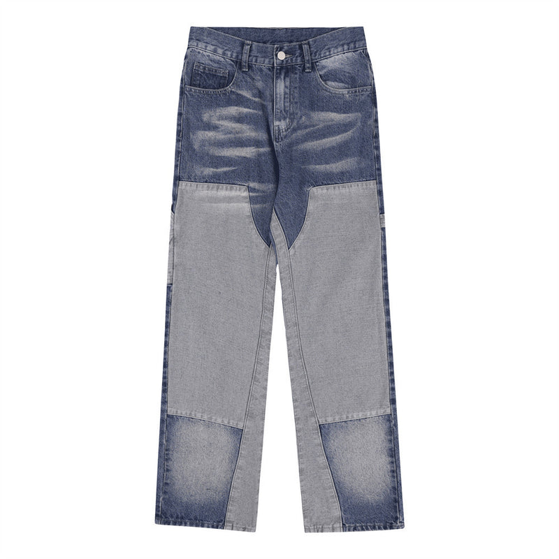 Men Jeans Color Contrast Patchwork Loose White Pleated