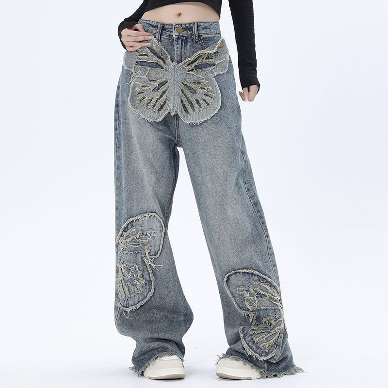 Men Jeans Butterfly Patch Decoration Jeans Raw Edge